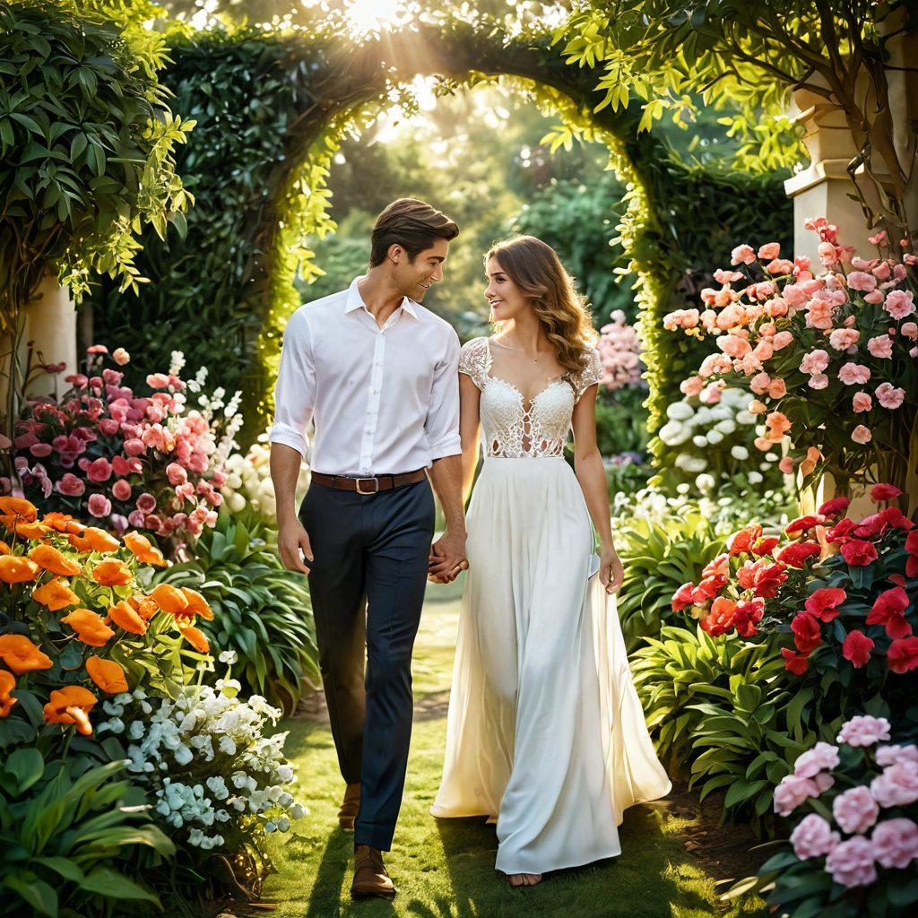 A beautifully intimate setting featuring a couple holding hands in a lush garden, surrounded by blossoming flowers symbolizing love and growth. Soft sunlight filters through the leaves, creating a warm and inviting atmosphere, while a gentle breeze ruffles the couple's hair, illustrating connection and tenderness. Include heart-shaped motifs subtly integrated into the scenery. super-realistic. warm colors. vibrant flowers.