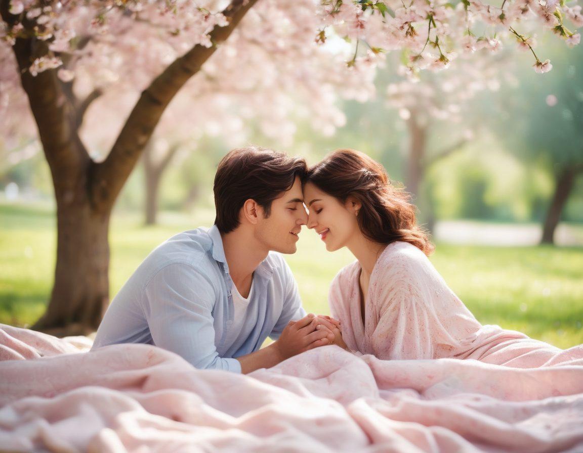 A warm, romantic scene between a couple sharing an intimate moment under a blossoming cherry tree, with soft pastel colors and sunlight filtering through the leaves. Incorporate elements like intertwined hands, gentle smiles, and a picnic blanket adorned with sweet treats to symbolize affection and connection. Create an ambiance filled with heart-shaped bokeh lights in the background to enhance the emotional depth. watercolor painting. soft focus. pastel colors.