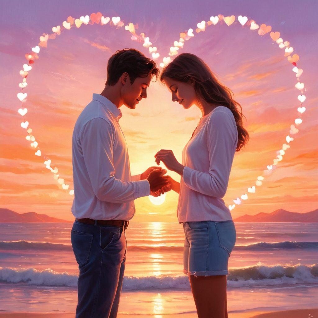 A romantic scene featuring a couple exchanging heartfelt gestures, surrounded by soft, glowing lights and heart-shaped elements; the background should depict a serene sunset to evoke feelings of love and connection, with symbolic representations of unconditional love like intertwined hearts or a warm embrace. pastel colors. dreamy. painterly style.